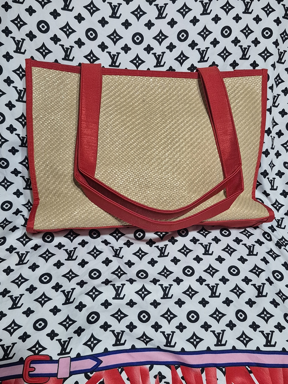Yves Saint Laurent Natural Raffia Tote with Red Trim and Gold Logo - Picture 2 of 10